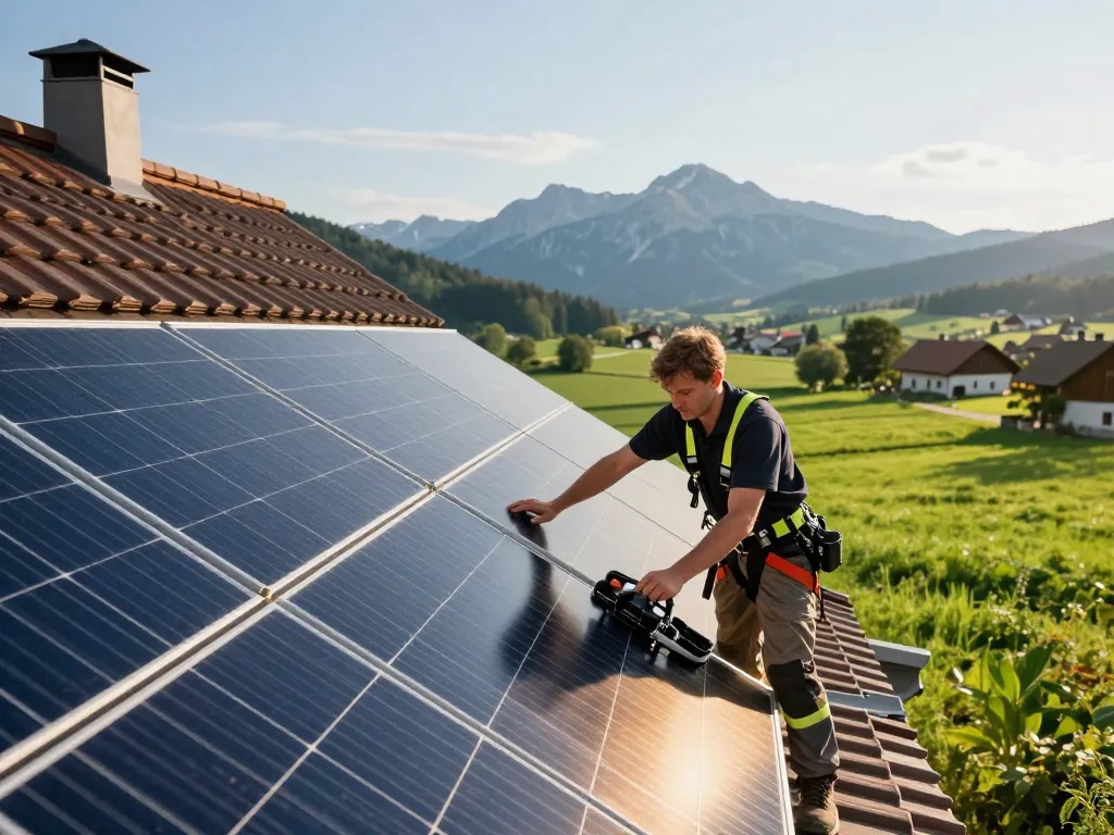 Installation von Photovoltaik Bayern mit Techniker, der Solarpanels an einem bayerischen Haus anbringt, betont erneuerbare Energie.