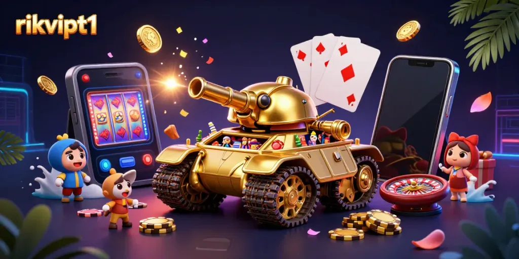 Experience thrilling gameplay at rikvipt1 with a vibrant 3D casino scene full of excitement.