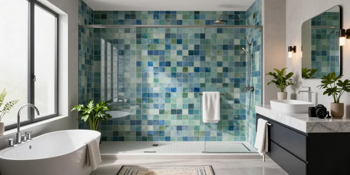 Elegante badkamer met luxe badkamertegels in kalmerende kleuren, stijlvolle armaturen en natuurlijk licht.