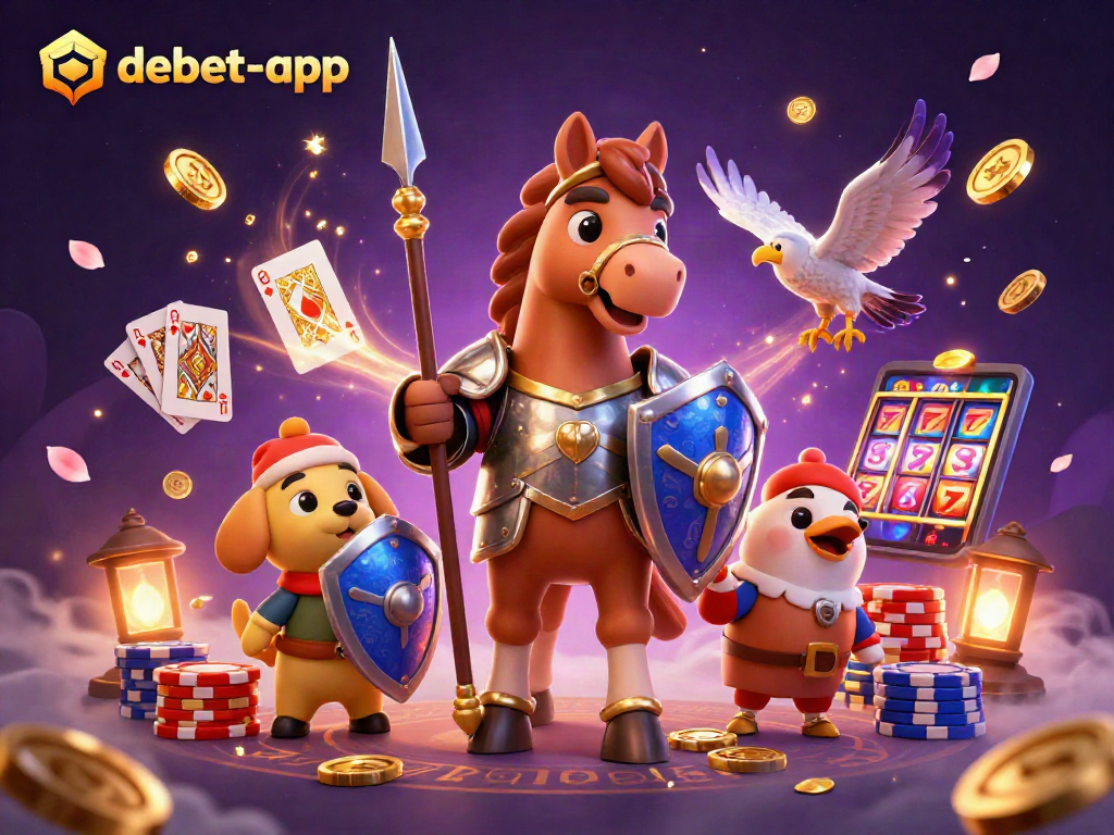 Engage with debet-app’s thrilling gaming world featuring medieval knights, coins, and vibrant casino elements.