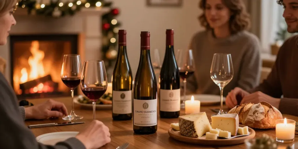 Genießen Sie Grand Marrenon Rotwein bei einem gemütlichen Winterabend mit köstlichem Käse und Kerzenlicht.
