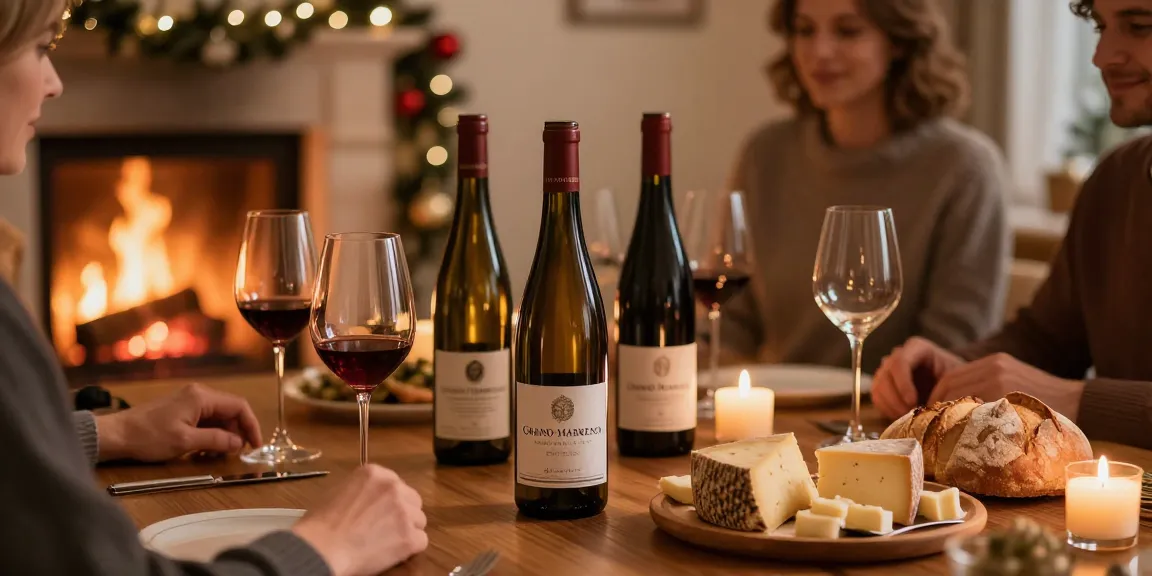 Genießen Sie Grand Marrenon Rotwein bei einem gemütlichen Winterabend mit köstlichem Käse und Kerzenlicht.