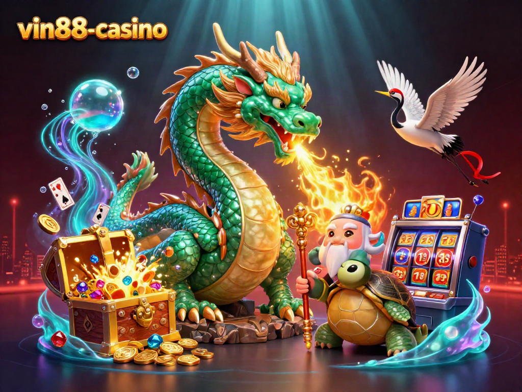 Engage with vin88-casino's exciting world featuring a jade dragon, turtle sage, and flying cranes amid casino elements.