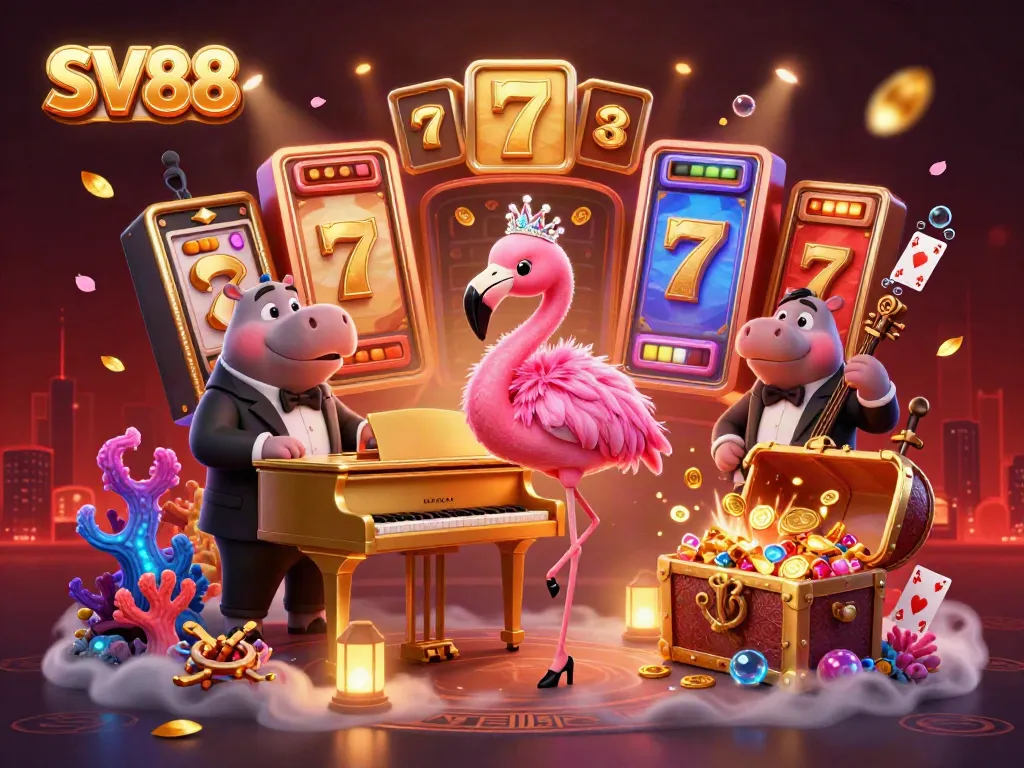 Experience the vibrant world of SV88 with a lively casino scene featuring engaging characters and slot game elements.