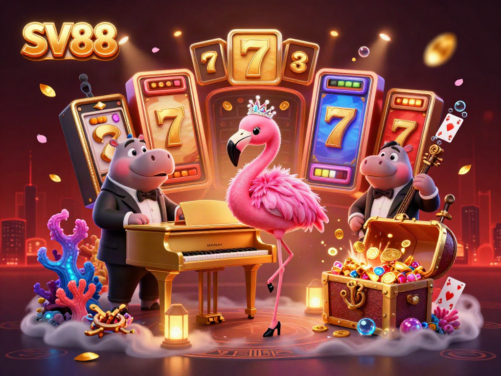Experience the vibrant world of SV88 with a lively casino scene featuring engaging characters and slot game elements.