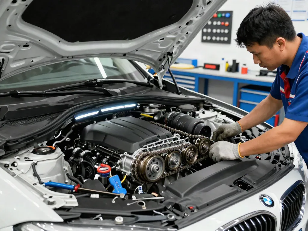BMW Steuerkette Hannover: Mechaniker arbeiten an einem BMW-Motor im modernen Werkstattumfeld.