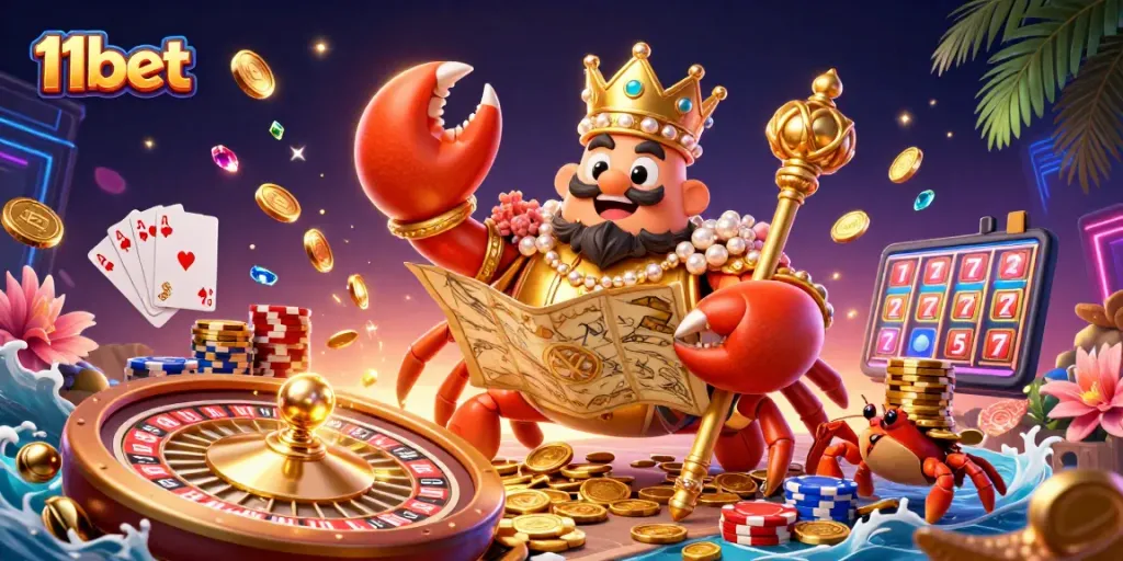 Engage with thrilling games at 11bet, where the golden crab emperor leads a treasure-filled 3D casino adventure.