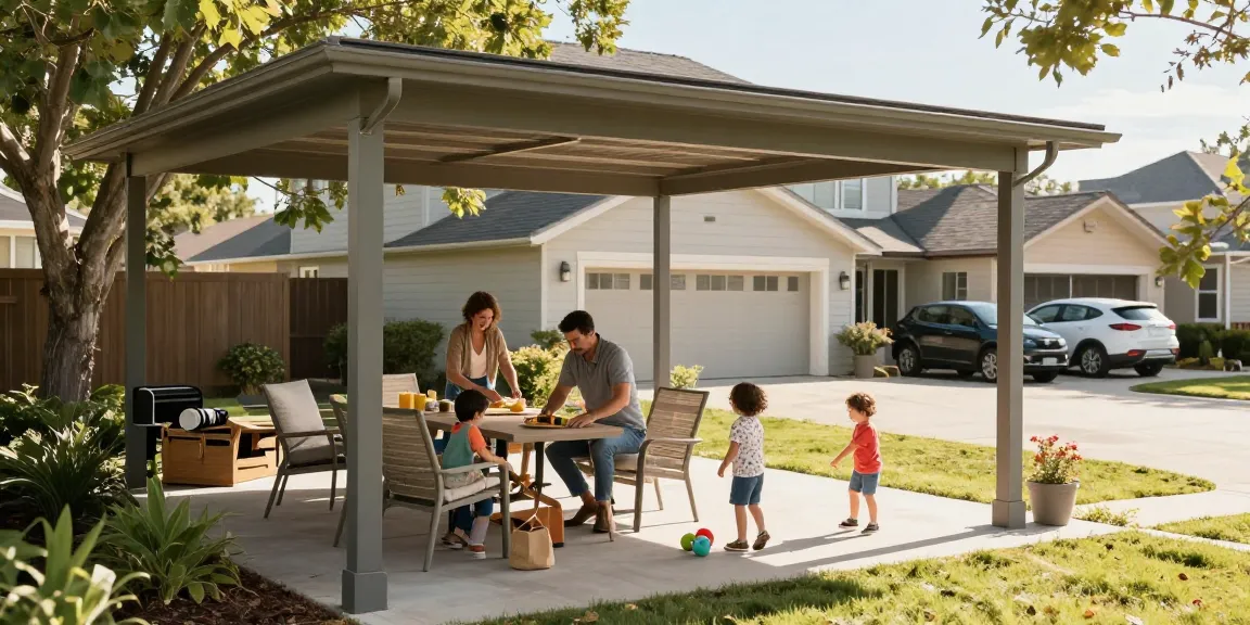 Ein Carport schützt Fahrzeuge, während die Familie im Freien entspannt und Möbel zusammenstellt.