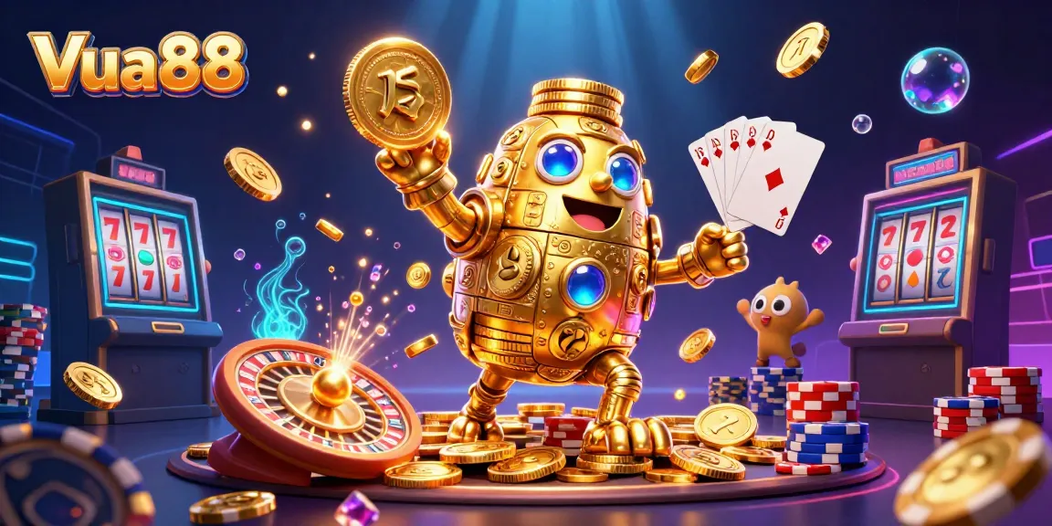 Win big with Vua88 in this vibrant 3D casino illustration featuring golden golem and exciting game elements.