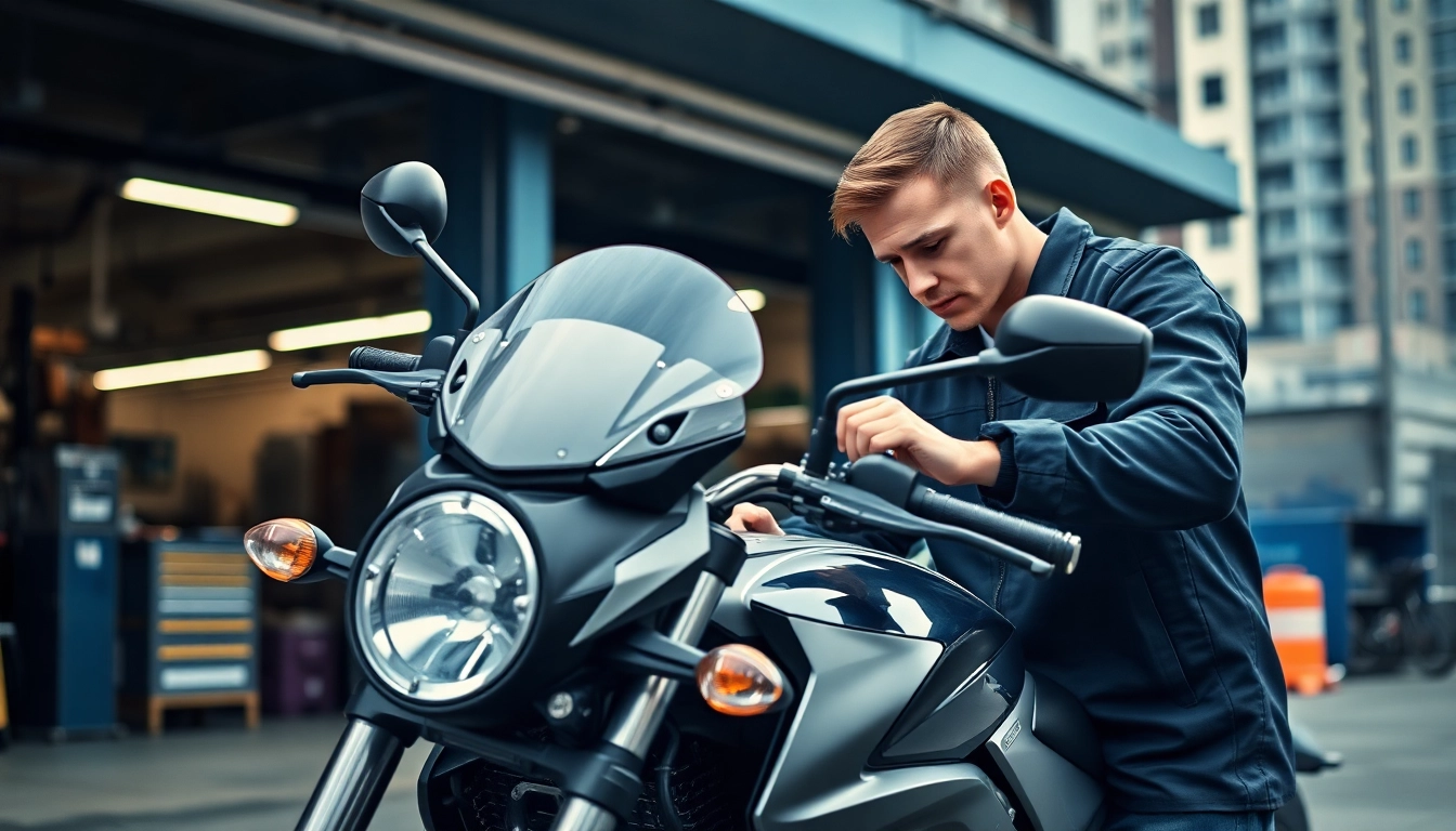 Motorradgutachten Augsburg: Mechanic examining motorcycle for detailed assessment.