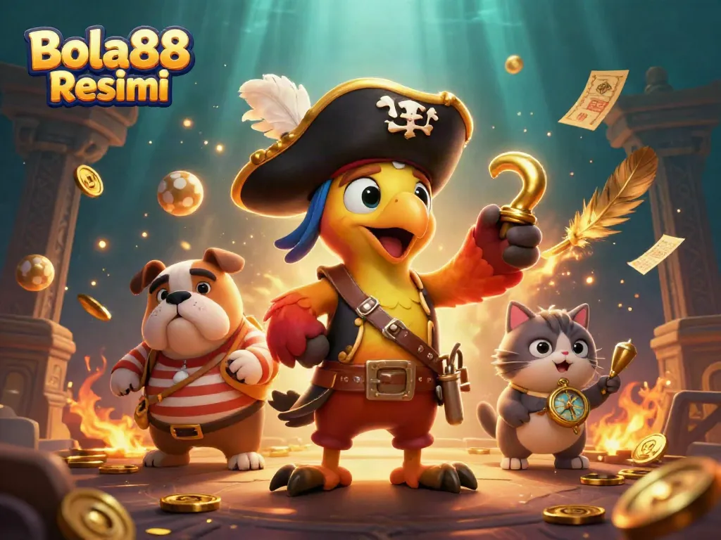 Bola88 Resmi promotes exciting sports action with vibrant pirate characters and dynamic betting elements.