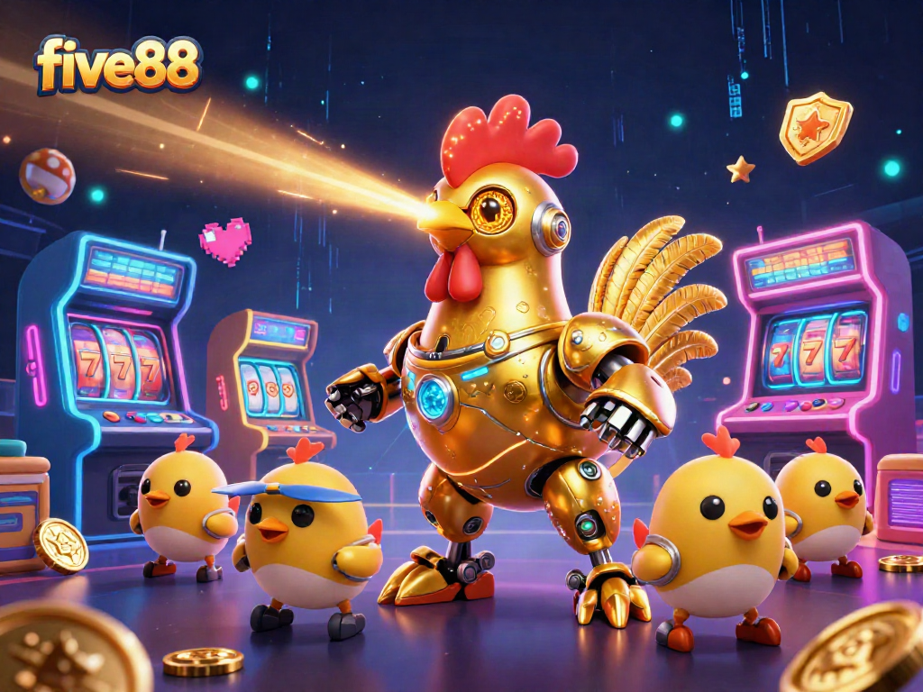 Experience the excitement of five88 with this vibrant 3D digital casino illustration filled with gaming elements.
