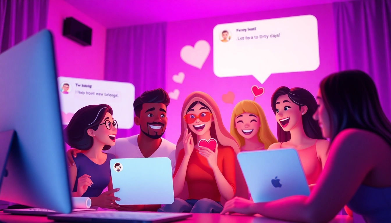 Engaging virtual sex chat room with diverse avatars and lively interactions.