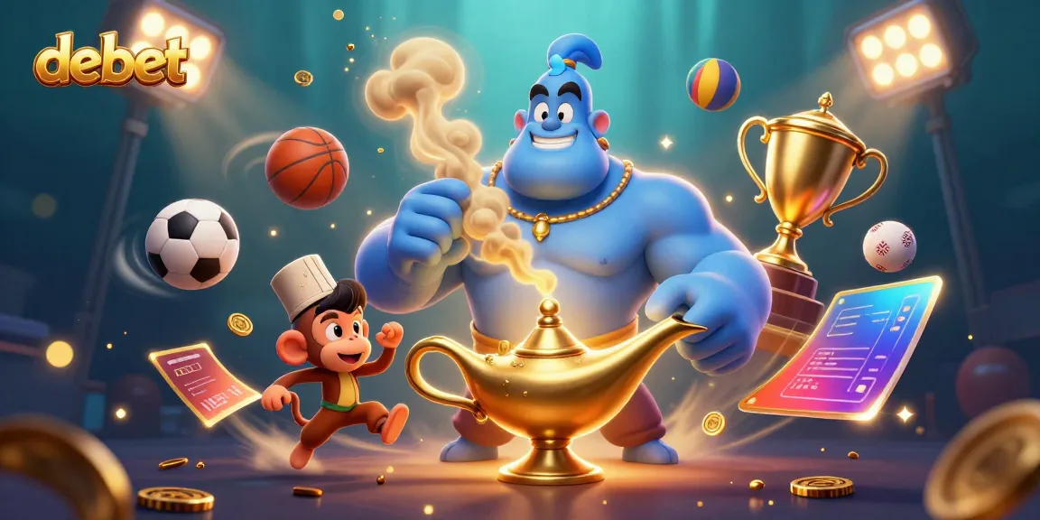 Experience debet like never before with this dynamic scene featuring a blue genie, a monkey, and sports elements.
