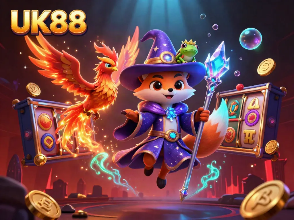 Experience the excitement of UK88 with a mystical wizard and a phoenix surrounded by vibrant casino elements.