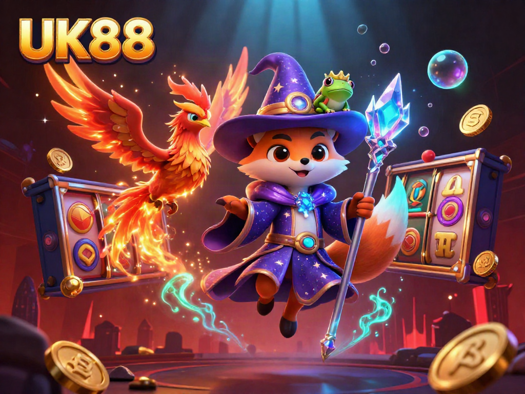 Experience the excitement of UK88 with a mystical wizard and a phoenix surrounded by vibrant casino elements.