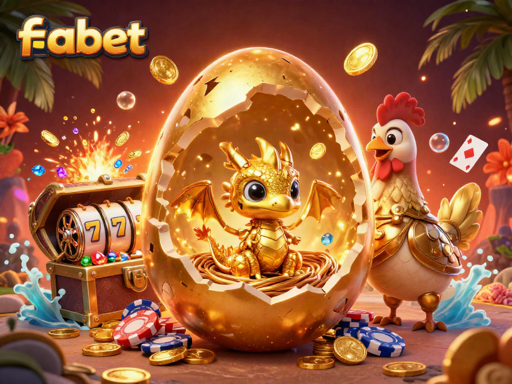 Experience the excitement at fabet with a 3D illustration displaying a golden dragon amidst slot reels and poker chips.