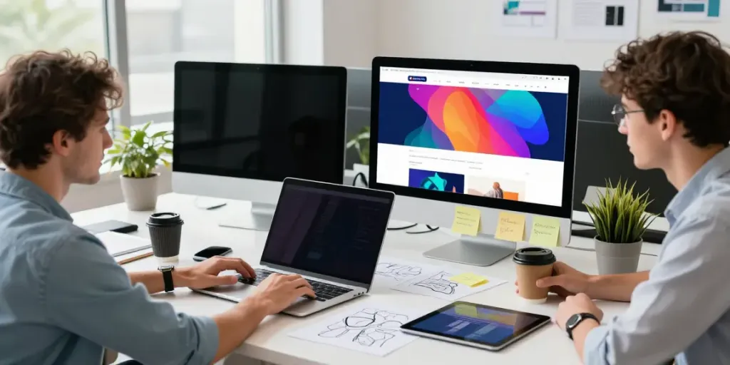 Webdesign Saarland: Kreatives Team arbeitet an Webseiten-Mockups in hellem Designstudio.