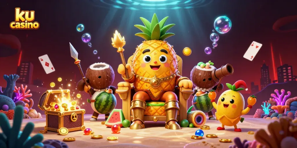 ku casino scene showcasing a golden pineapple king with lively characters amid treasure and casino elements