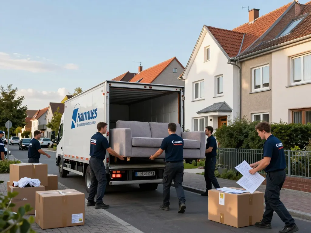 Professionelles Umzugsunternehmen Hannover-Team transportiert sorgfältig ein Sofa mit organisierten Kisten in einer sonnigen Nachbarschaft.