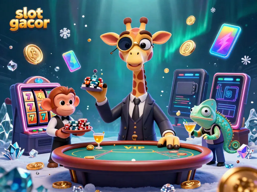 Experience slot gacor excitement with a high-roller giraffe, monkey valet, and chameleon bartender in a vibrant casino!