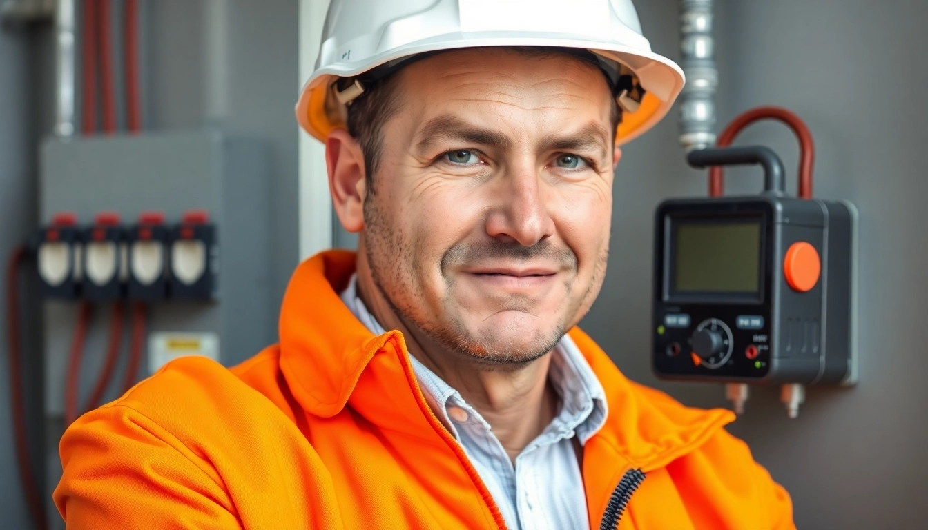 Elektriker führt die DGUV V3 Prüfung mit einem Prüfgerät durch, um die Sicherheit elektrischer Anlagen zu gewährleisten.