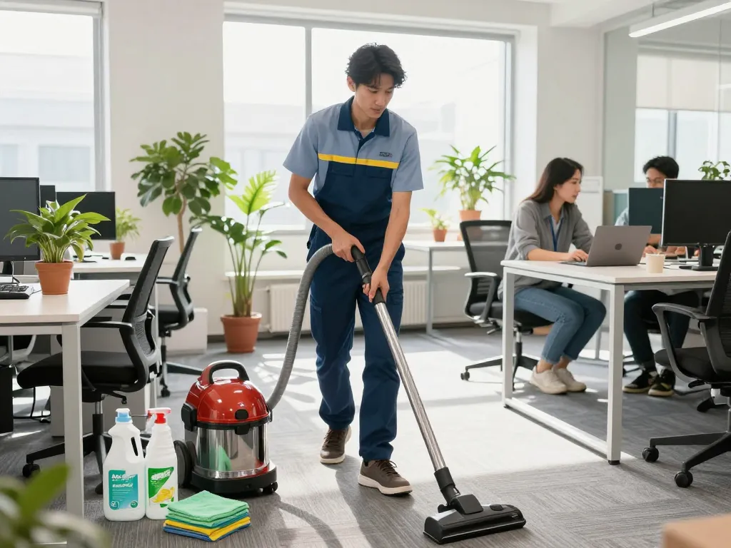 Professionelle Gebäudereinigung in Münster, gesehen durch eine helle Büroreinigungsszene, in der ein professioneller Reiniger den Arbeitsplatz mit umweltfreundlichen Produkten aufräumt.