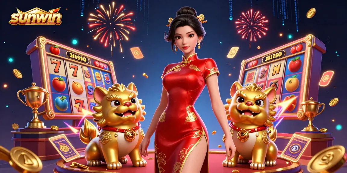 Engage with sunwin, exploring exciting casino slots and jackpots in a vibrant 3D illustration.