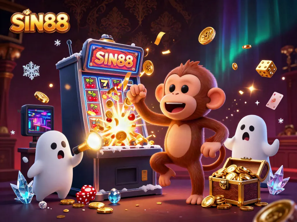 SIN88 showcases a dynamic casino scene with a playful ghost monkey juggling golden coins and dice.