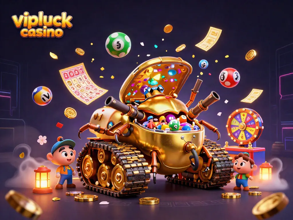 Experience the excitement of vipluck casino with a dynamic 3D illustration featuring a golden beetle tank and animated gaming elements.