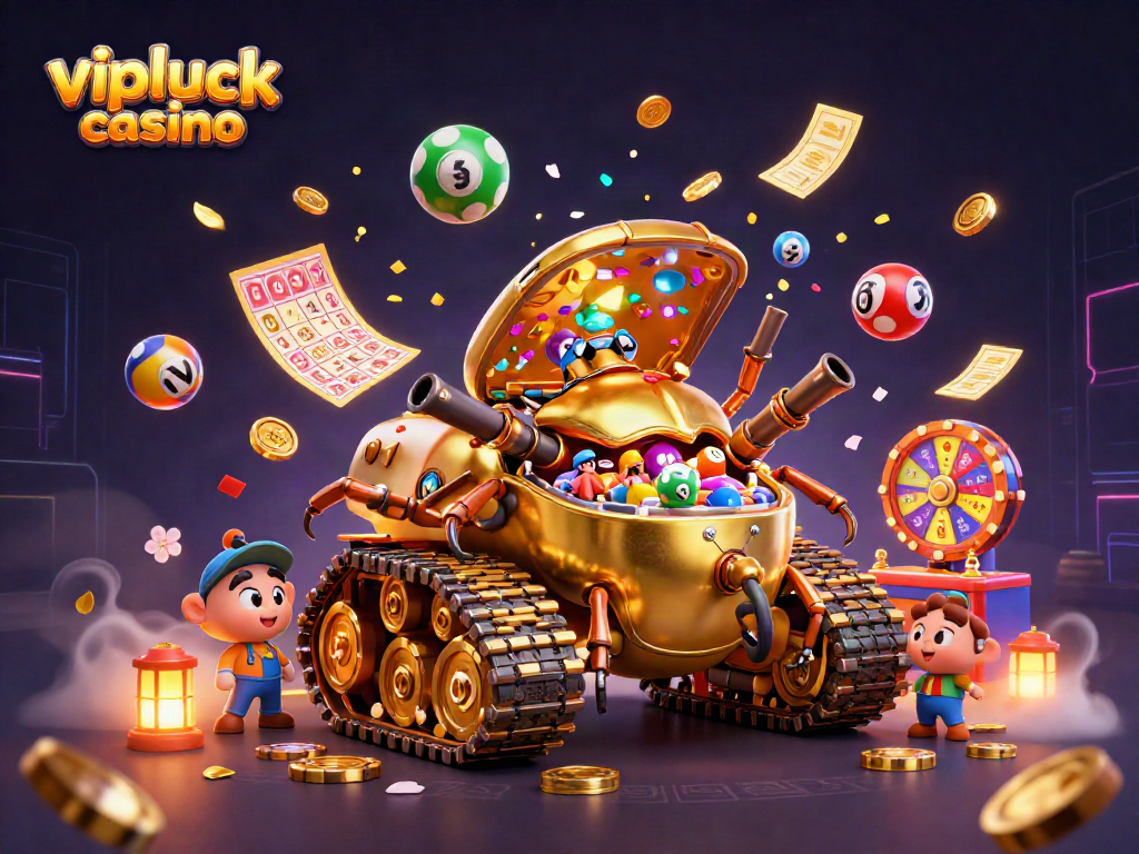 Experience the excitement of vipluck casino with a dynamic 3D illustration featuring a golden beetle tank and animated gaming elements.