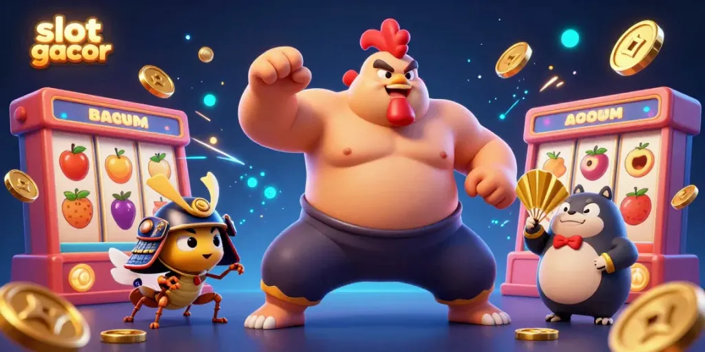 Experience slot gacor excitement with 3D characters in a vibrant, action-packed casino scene.