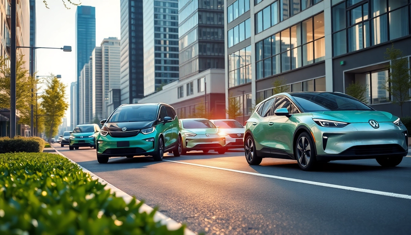 Elektroautos präsentieren innovative Designs vor einer urbanen Kulisse.