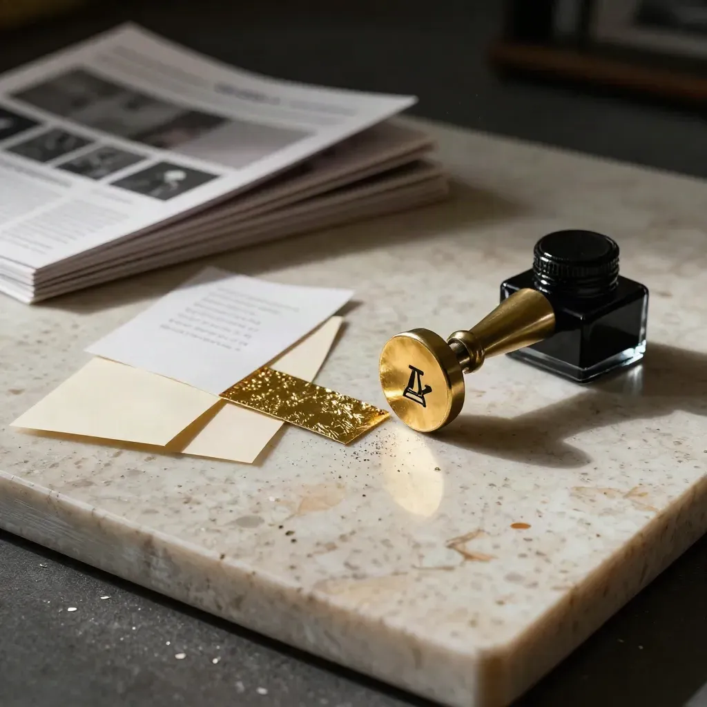 Brass-Siegelstempel landet neben Folienmustern und Kartonproben auf Travertin.