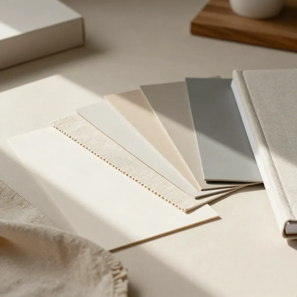 Flatlay aus Papier-, Stoff- und Kartonmustern mit geschlossenem Stilguide im warmen Sonnenlicht.