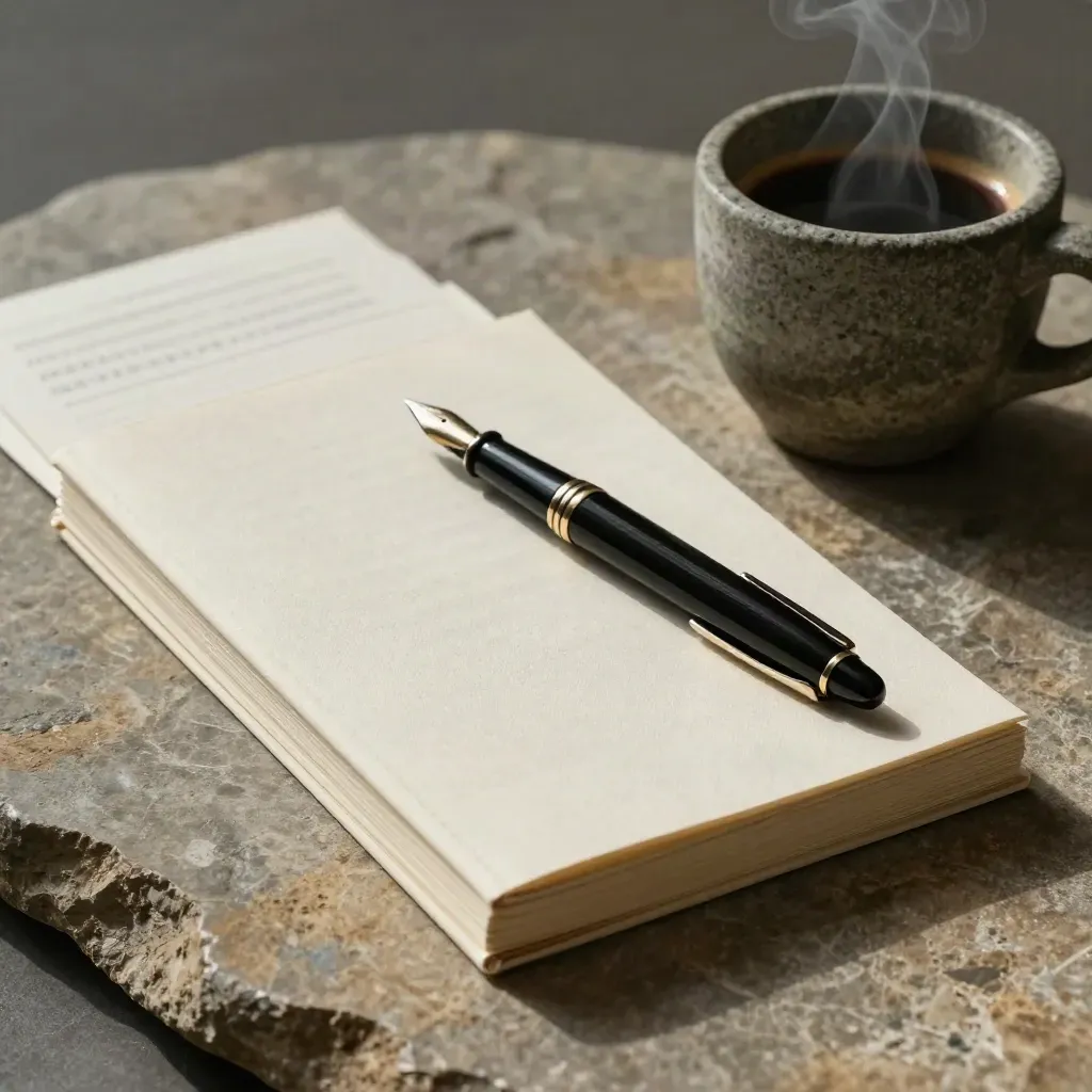 Notizbuch, Stift, Kaffeetasse und Kartenstapel auf Stein im dramatischen Licht.