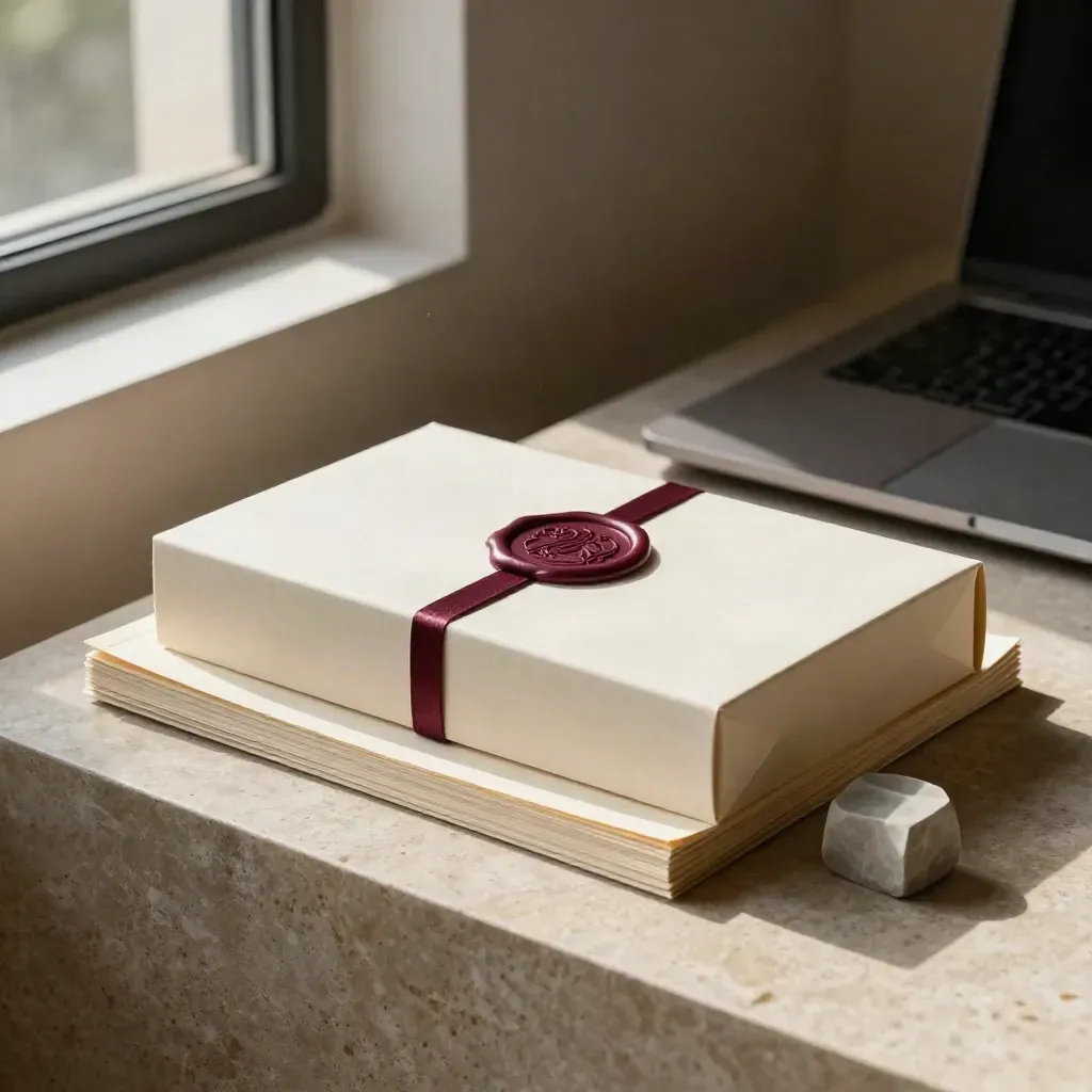 Launch-Kit einer SaaS-Marke mit Box, Logo-Block, Folios und zugeklapptem Laptop auf Kalkstein.