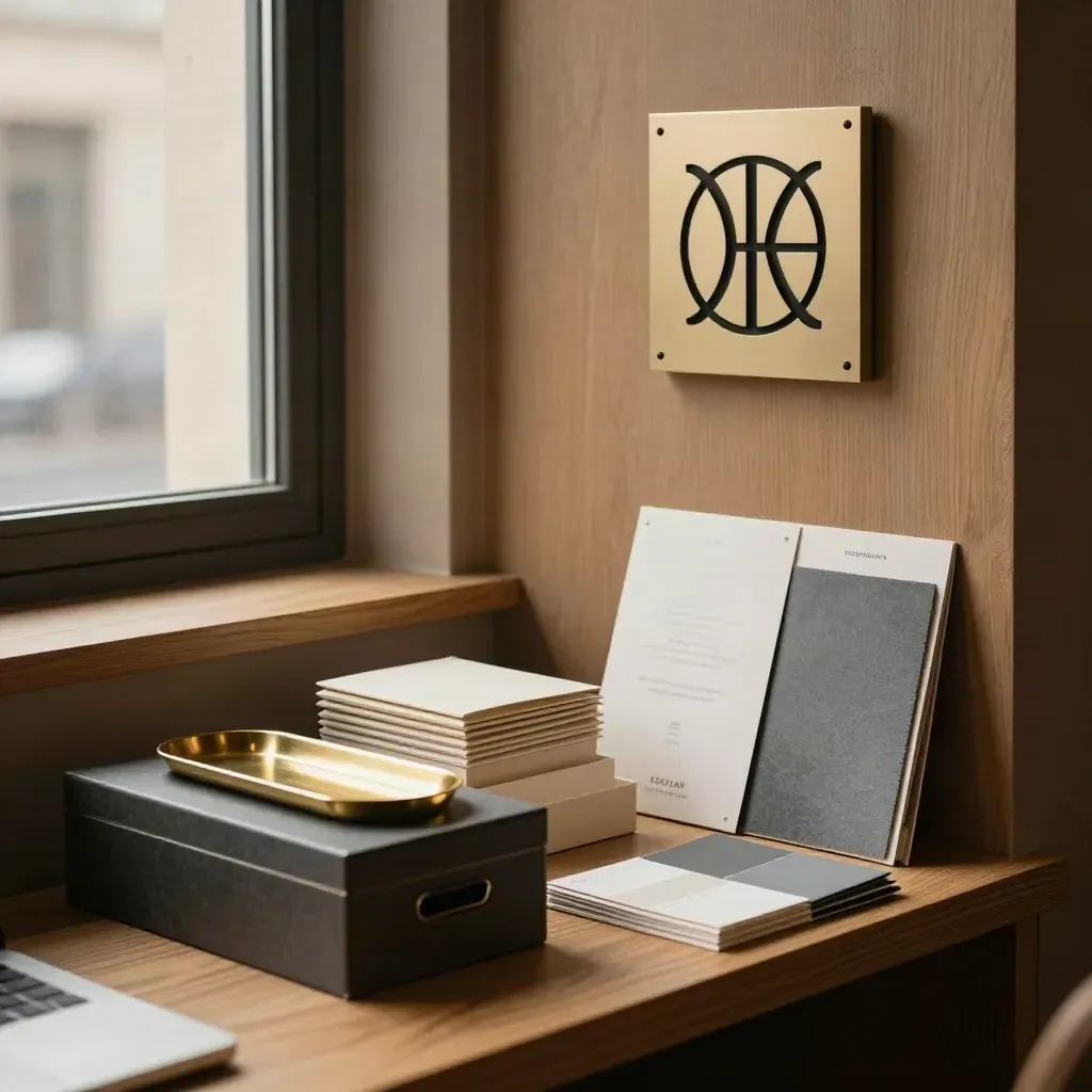 Stiller Empfangsbereich mit Aktenbox, Papier-Set, Messingschale und Monogrammplakette.