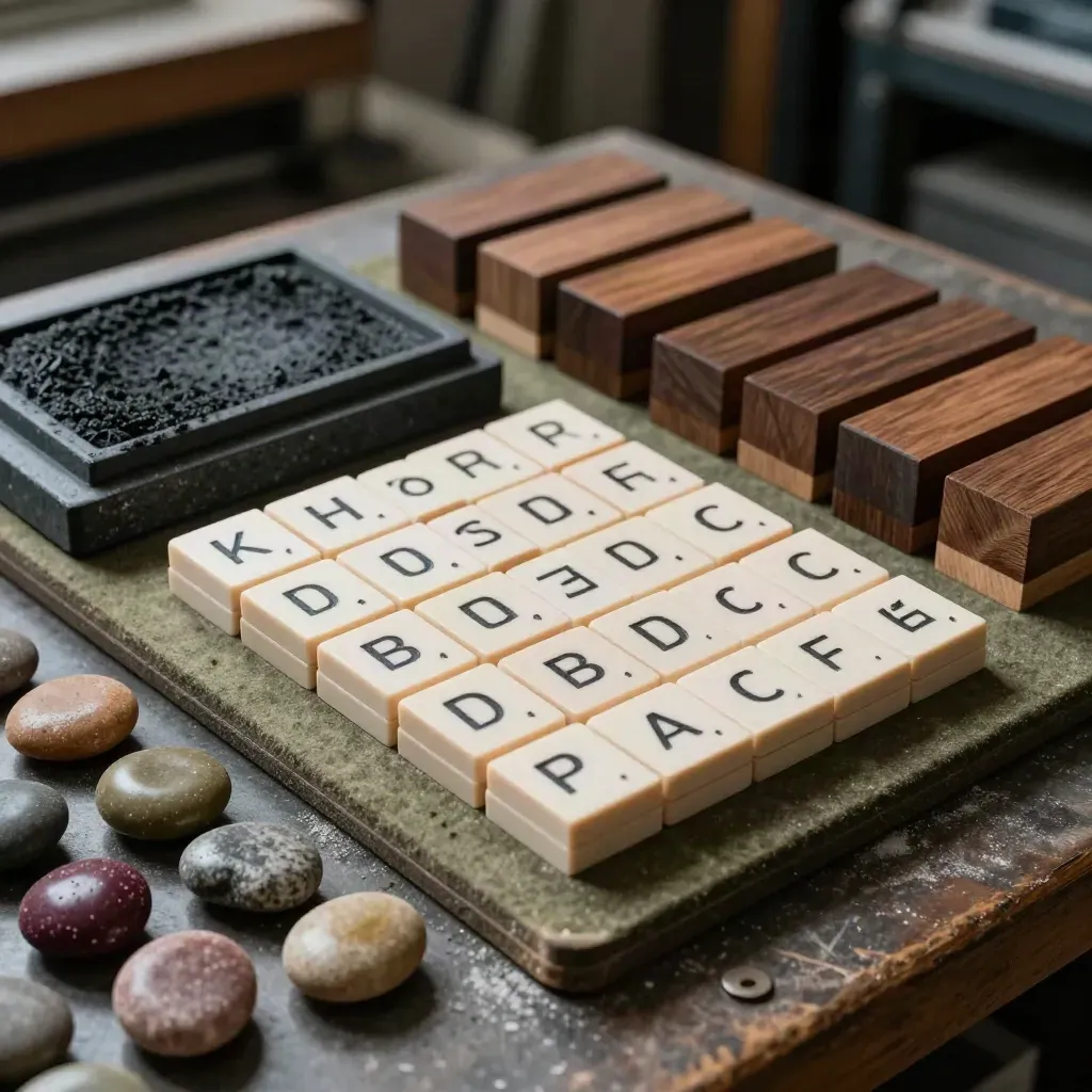 Letterpress-Blöcke, Wortplättchen und Stein-Farbkissen auf einem ruhigen Satz-Arbeitsplatz.
