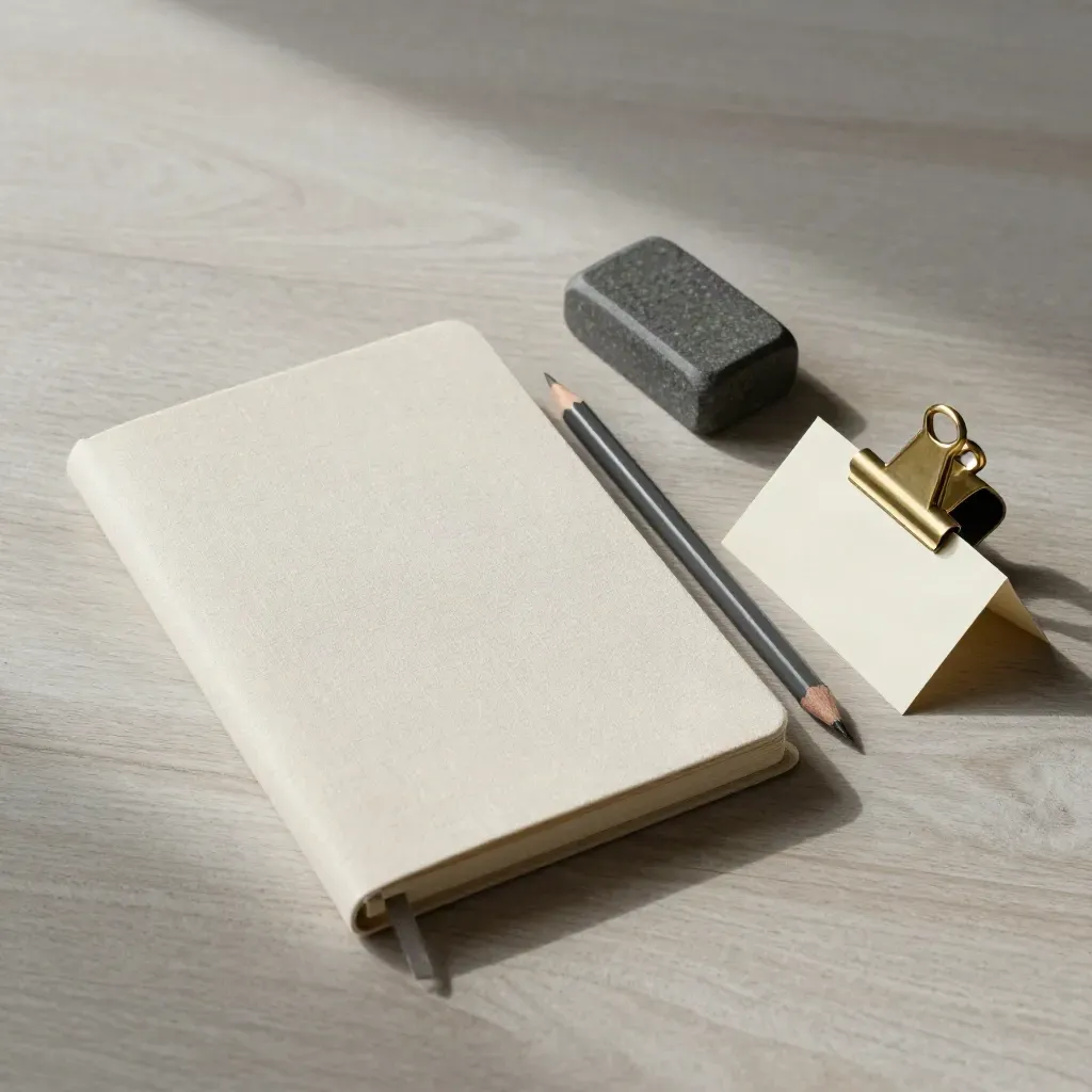 Notizbuch, Steinbeschwerer, Stift und Messingclip auf hellem Holz für ein Briefing.