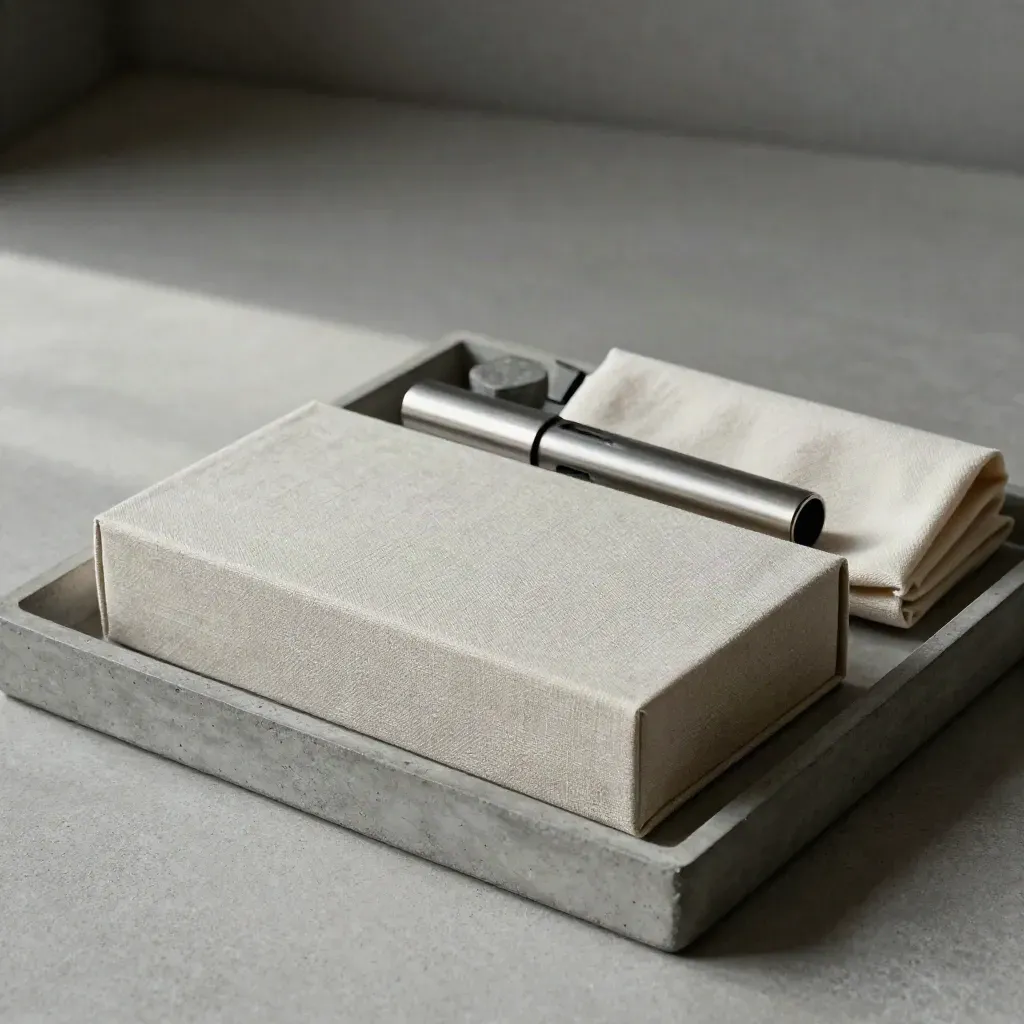 Linnenbox, Metalllaufwerk und versiegelte Hüllen auf Betontray im sanften Seitenlicht.
