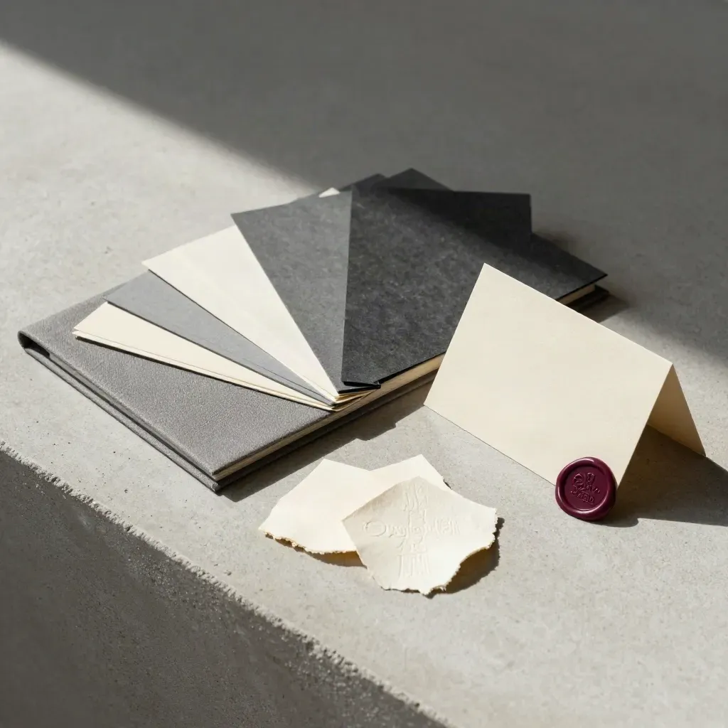 Markenmaterialien mit Mappe, Swatches und Wachssiegel auf Beton, ruhig und edel arrangiert.