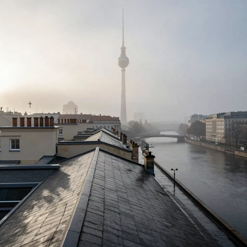Berliner Skyline mit Fernsehturm über nebligem Fluss und nassen Dächern im Morgengrauen