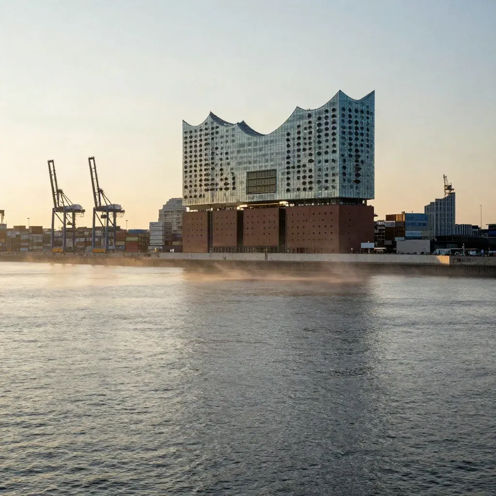Hamburger Hafen bei Goldstundenlicht mit Elbphilharmonie, Kränen und ruhigem Wasser