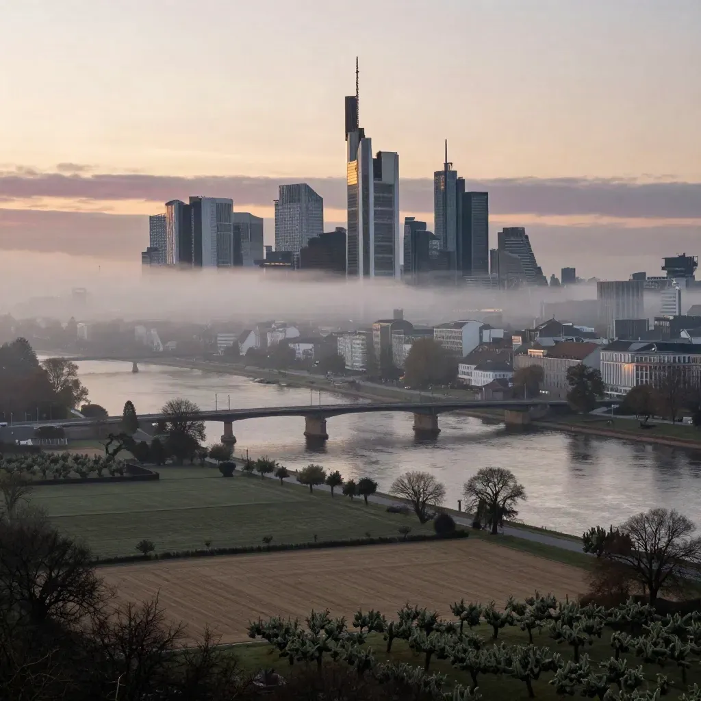 Frankfurter Skyline über dem Main-Tal im Sonnenaufgang mit Nebel und Feldern