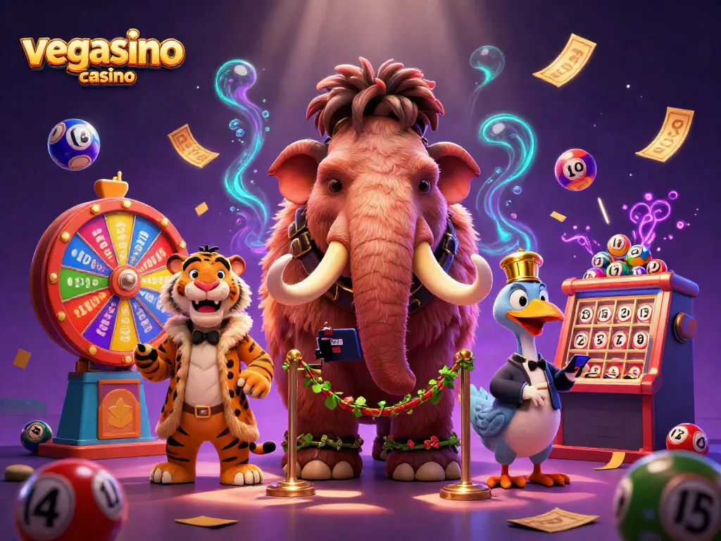 Engage with vegasino casino in this vibrant scene featuring playful characters and exciting gaming elements.
