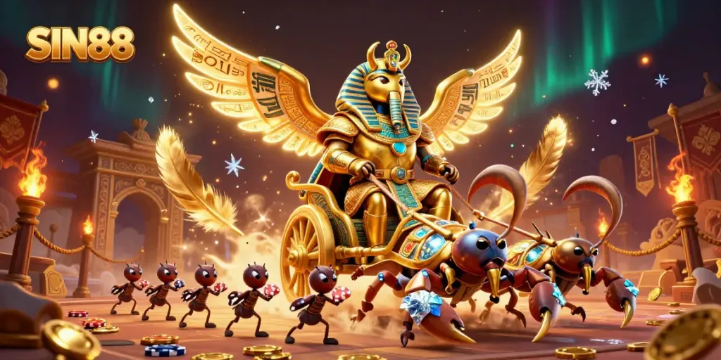 Experience the thrilling adventure of SIN88 with a captivating 3D scene featuring golden scarabs, scorpions, and poker chips.