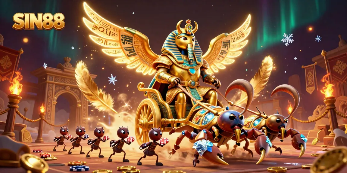Experience the thrilling adventure of SIN88 with a captivating 3D scene featuring golden scarabs, scorpions, and poker chips.