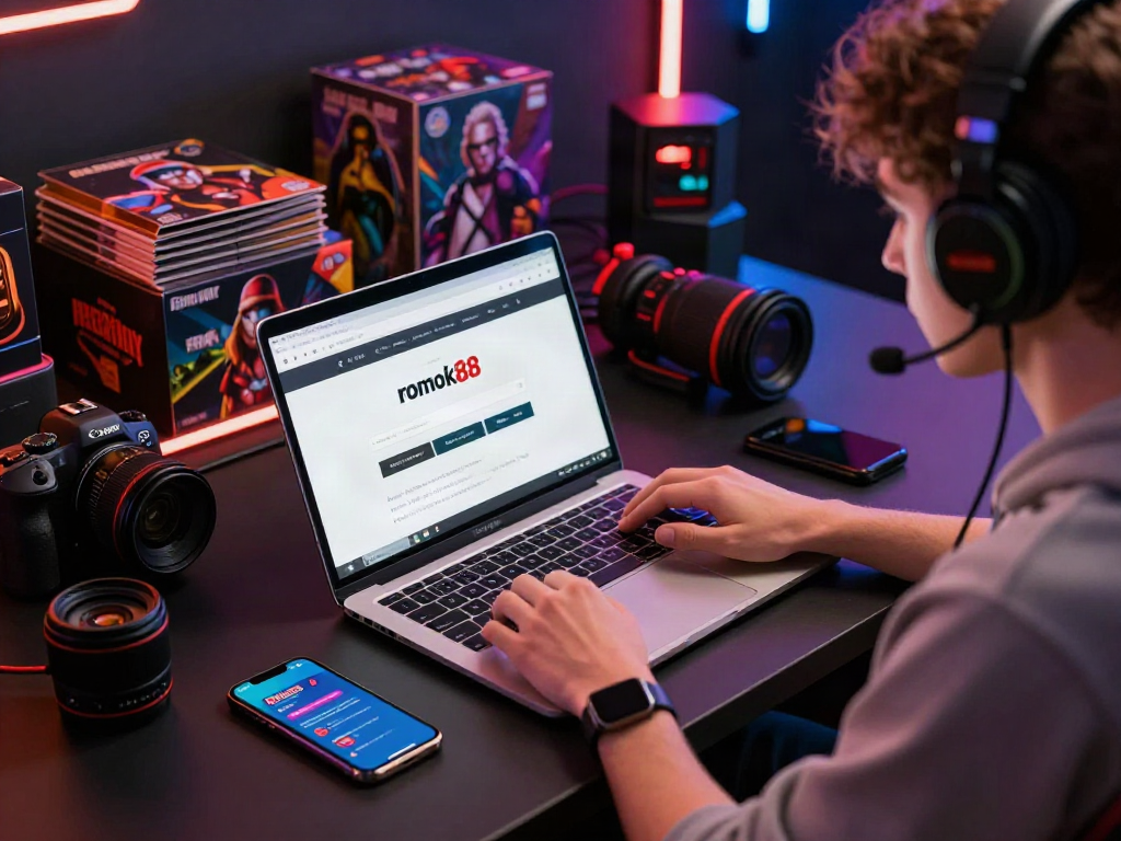 Engaged user at rokok88 login on laptop, showcasing a vibrant online gambling environment.