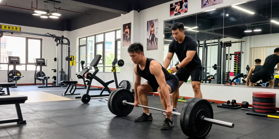 Anabolika Shop: Bodybuilder beim Deadlift im Fitnessstudio mit Personal Trainer und motivierenden Plakaten.